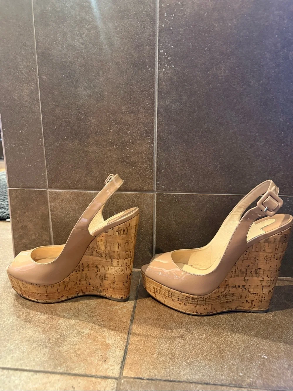 Christian Louboutin Nude Patent Peep-Toe Slingback Wedges